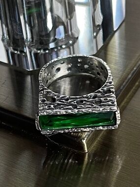Emerald Sterling Silver Ring with Rectangular Green Gem